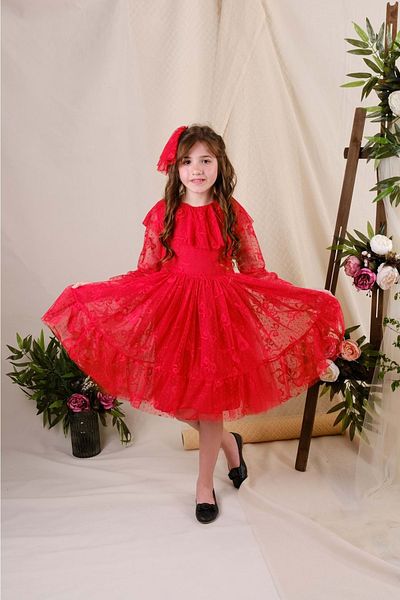 Mnk Bow Pattern Lace Dress Red
