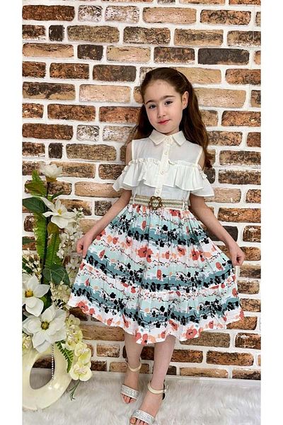 Mnk Floral Viscose Shirt Collar Summer Girls Dress Ecru