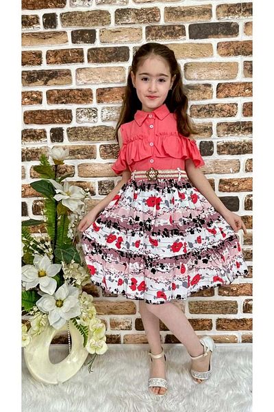 Mnk Floral Viscose Shirt Collar Summer Girls Dress Pomegranate Flower
