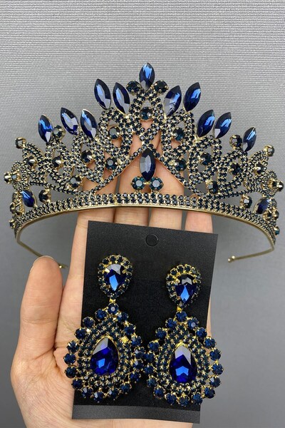 Limelia Coroană și cercei de mireasă Henna albastru închis cu aur