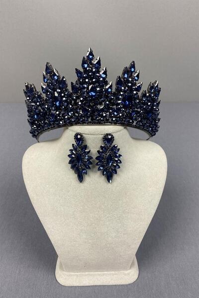 Limelia Lotus bleumarin - Set de cercei de mireasa si navetă brodat cu margele