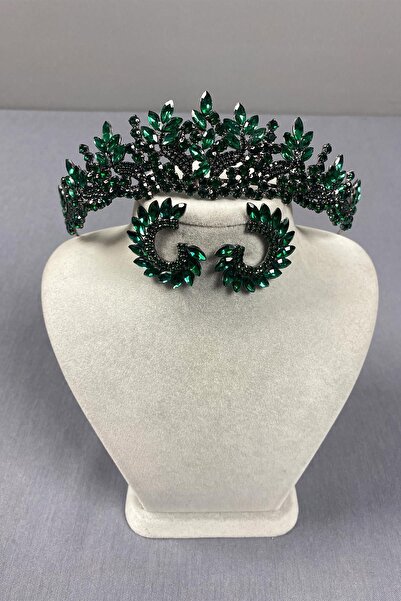 Limelia Set de coroană și cercei rotunzi pentru mireasă verde Henna - Belur