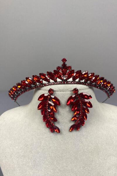 Limelia Cercei roșii Ece Gelin - Coroană de henna și cercei cu pietre prețioase