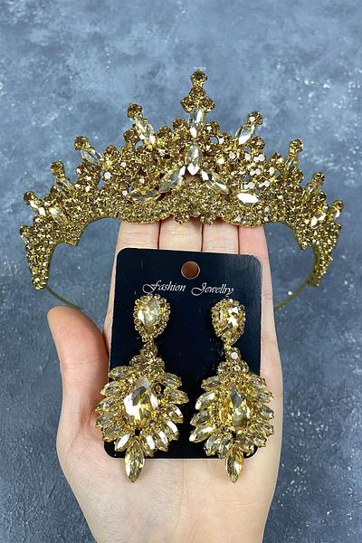 Hayalperest boncuk Honey Colored Tokyo Stoned Bridal Henna Crown and Shuttle Stone Earring Set