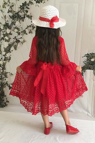 Mnk Cream Hat Lace Girl's Dress Red