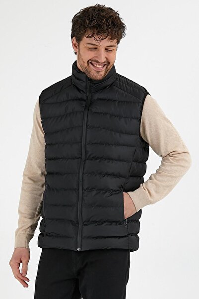 odelon Men's Black Slim Fit Casual Vest - Stand Collar