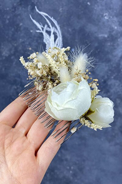 Limelia Accesoriu pentru păr cu pieptene cu pene crem și flori de cipso