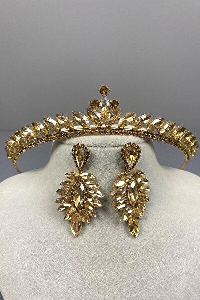 Limelia Ece تاج الحناء ذو اللون العسلي وأقراط حجر المكوك الرقيقة للعروس