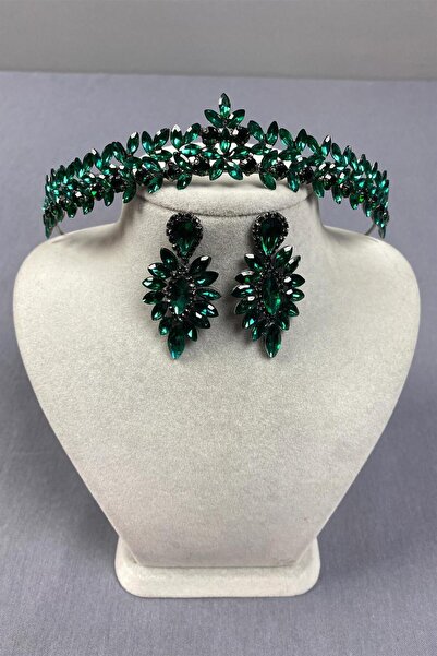 Limelia Зелена булчинска къна Вера - тънки елегантни обеци корона и совалка