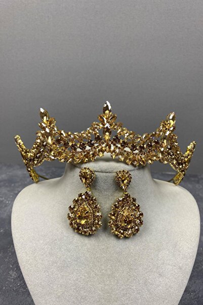 Limelia Set de coroană și cercei cu picătură pentru mireasă, culoarea mierei,...