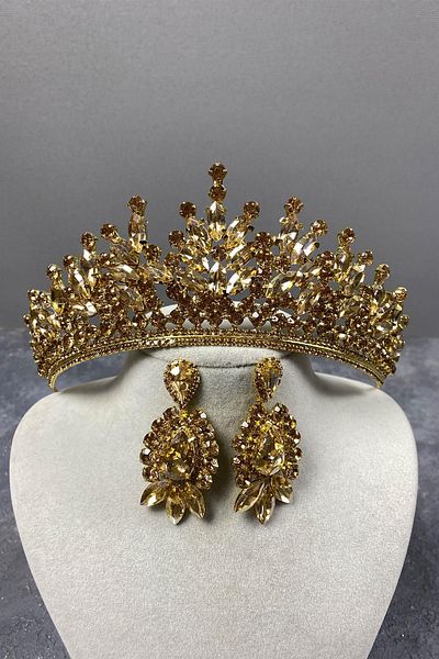 Hayalperest boncuk Coroană de mireasă cu henna și cercei cu model Rio Stone de culoare miere