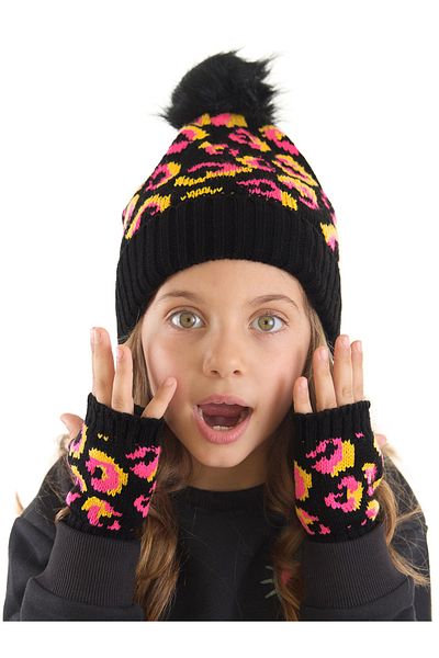 MSHB&G Set aus Baskenmütze und Handschuhen für Mädchen mit rosa Leopardenmuster
