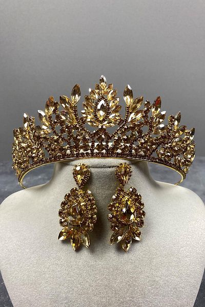 Hayalperest boncuk Set de cercei pentru rochie de seară și coroană de henna de mireasă Danver Stone de culoare miere