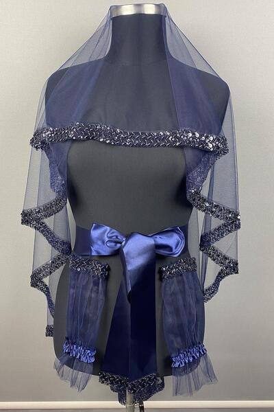 Limelia Voal de mireasă brodat model apă bleumarin, voal pentru față