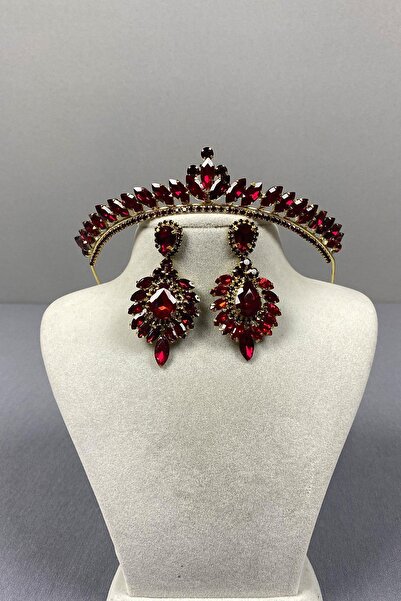 Limelia Set de coroană cu henna aurie burgundă și cercei cu piatră Damla Meki...