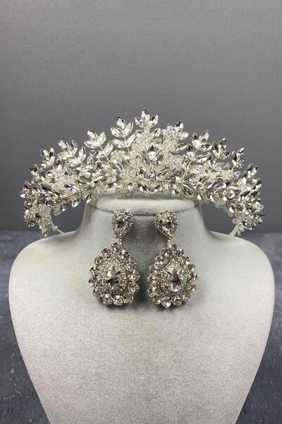 Limelia Set de coroană de mireasă brodată cu mărgele Asleny argintie și cerce...