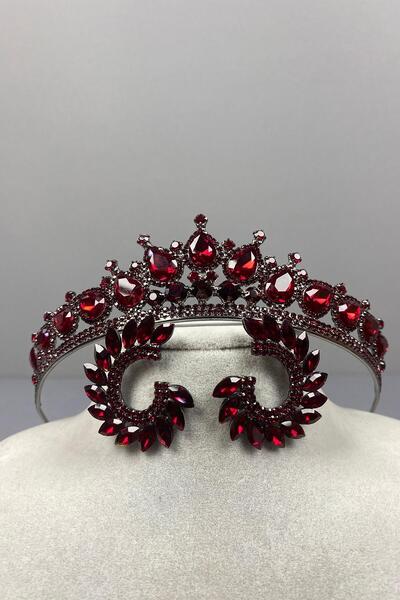 Limelia Set de cercei cu piatră rotundă și coroană pentru mireasă Burgundy Ade