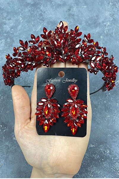 Limelia Set de cercei și coroană de mireasă cu mărgele roșii Asleny