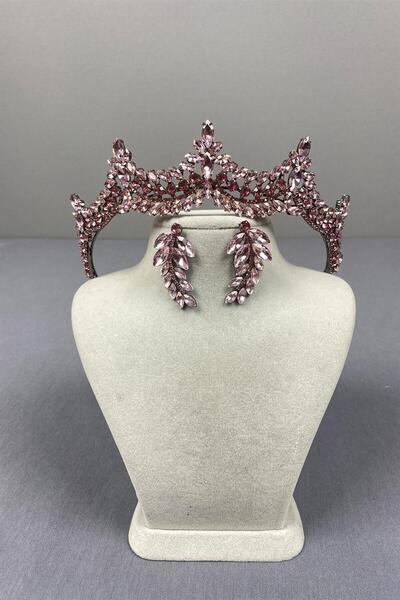 Limelia Set de coroană de henna roz de mireasă și cercei veneți cu frunze fine