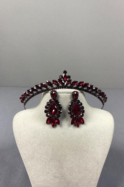 Limelia Set de coroană de henna burgundă și cercei cu piatră Damla Mekik pent...