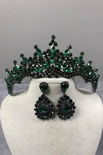 Hayalperest boncuk Green Tokyo Stoned Bridal Henna Crown and Drop Earring Set