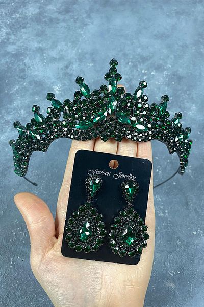 Hayalperest boncuk Green Tokyo Stoned Bridal Henna Crown and Drop Earring Set
