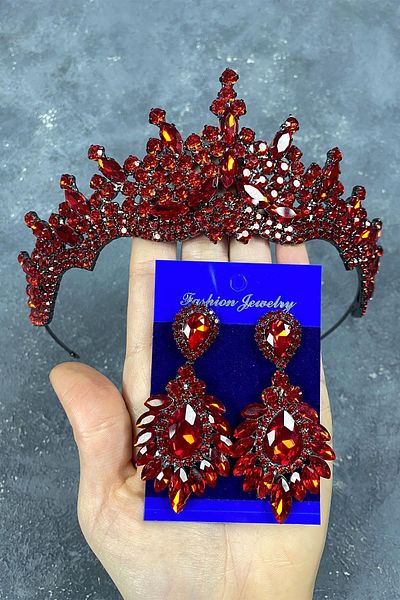 Hayalperest boncuk Red Tokyo Stoned Bridal Henna Crown and Shuttle Stone Earring Set
