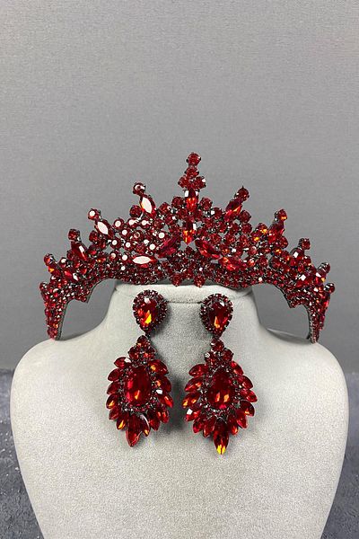 Hayalperest boncuk Red Tokyo Stoned Bridal Henna Crown and Shuttle Stone Earring Set