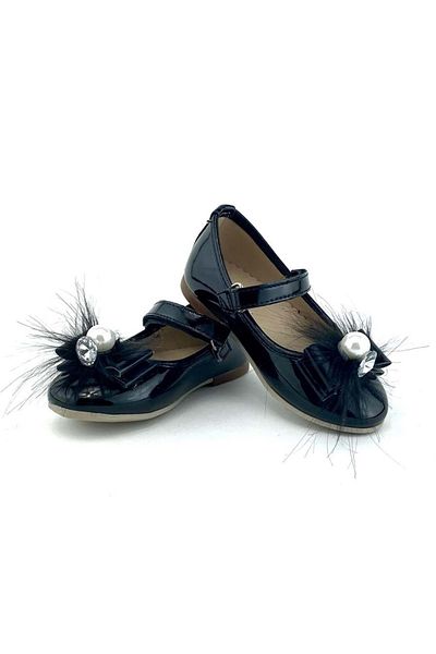 Mnk Balerina din Piele Lacuată Cataramă Cu Pene Perlată Negru