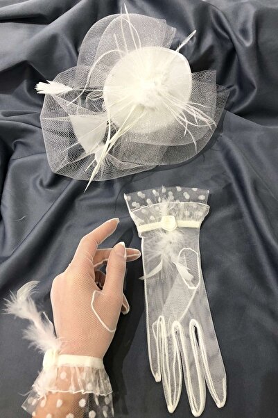 Limelia Beyaz Tüylü Eldiven-Vualet Nikah Şapkası
