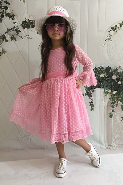 Mnk Cream Hat Lace Girl's Dress Pink