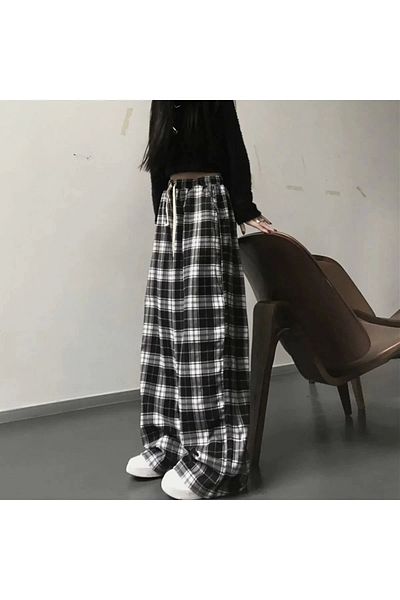 1blood Harajuku καρό παντελόνι - ασπρόμαυρο, casual φαρδύ πόδι, κορεάτικη μόδα φαρδιά φούτερ Y2k κάτω