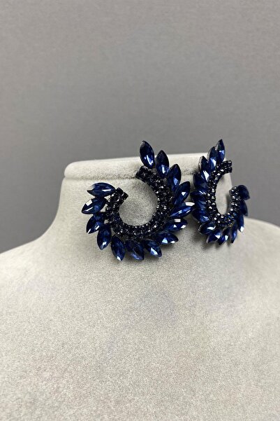 Limelia Lacivert Mekik Hera Yaprak Desen Taşlı Abiye Küpe