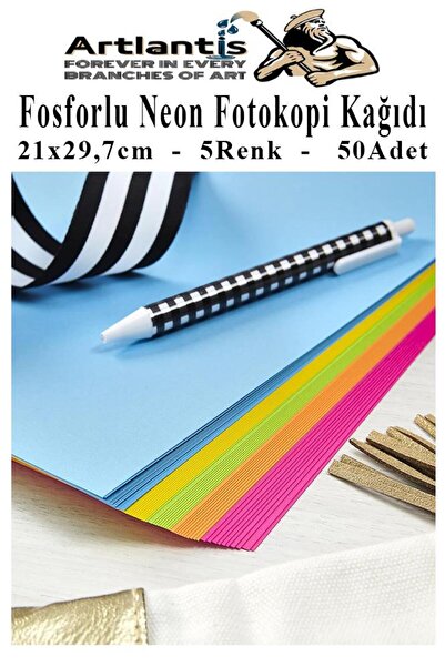Artlantis Neon Fosforlu Renkli A4 Fotokopi Kağıdı 50 li 1 Paket 50 Adet Fosforlu 5 Renk Parlak Canlı Renkler F