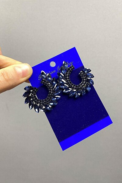 Limelia Lacivert Mekik Hera Yaprak Desen Taşlı Abiye Küpe