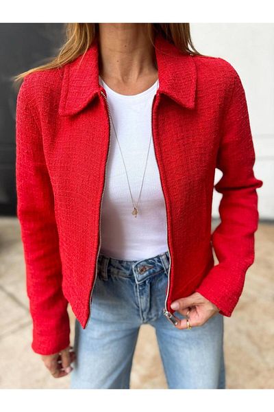 Maldia Shop Red Tweed Bomber Jacket - Shirt Collar, Zippered
