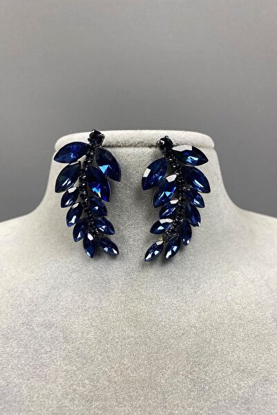 Limelia Navy Blue Leaf Pattern Hazel Evening Dress Stoned Bridal Earrings
