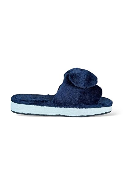 Liger Navy Blue Women's House Slippers with Plush Bow Detail