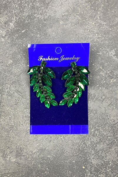 Limelia Yeşil Yaprak Desen Ela Abiye Taşlı Gelin Küpesi