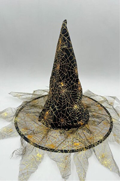 BeySüS Halloween Cadı Şapkası Gold Tüllü