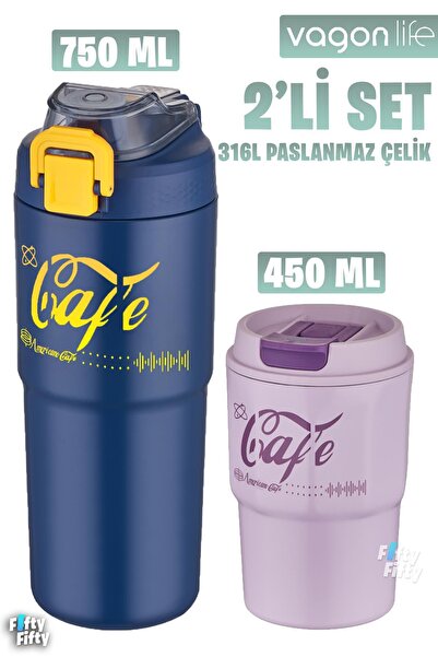 Vagonlife 2'li Çelik Termos-Kahve Bardağı Seti 750ML Çift Kullanım Termos//45...