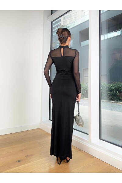 modaçelikler Women's Black Long Dress - Half-Neck, Transparent Are, Long Sleeve - 25K072