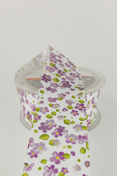 Limelia Panglică Grosgrain cu Motiv Floral Violet 4 cm 20 m
