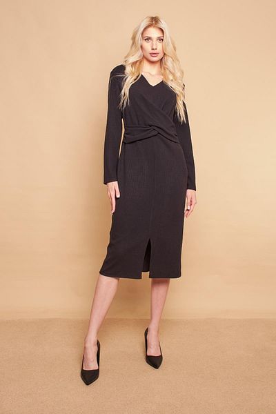 Jument Rochie de tricot din lycra ușoară, cu decolteu în V, cu fantă în față, sub genunchi, neagră