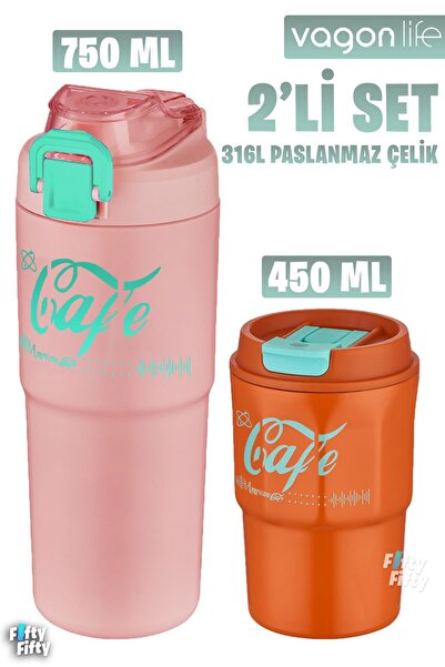 Vagonlife 2'li Çelik Termos-Kahve Bardağı Seti 750ML Çift Kullanım Termos//45...