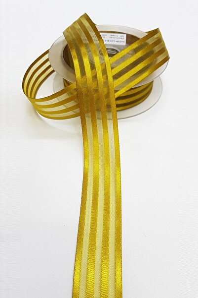 Limelia Panglică din șifon cu dungi din satin galben muștar închis 2,5 cm