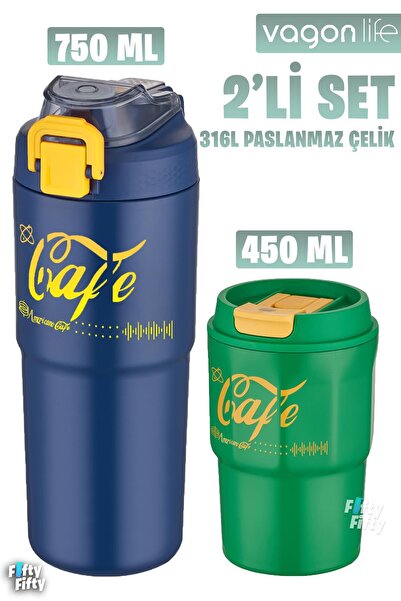 Vagonlife 2'li Çelik Termos-Kahve Bardağı Seti 750ML Çift Kullanım Termos//45...