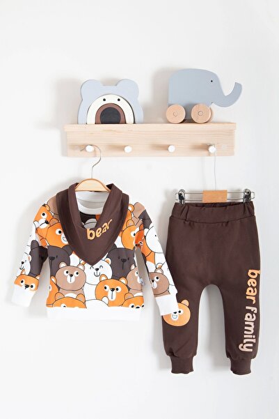 MiniElegans Family Bears Patterned 3-Piece Baby Boy Set with Scarf