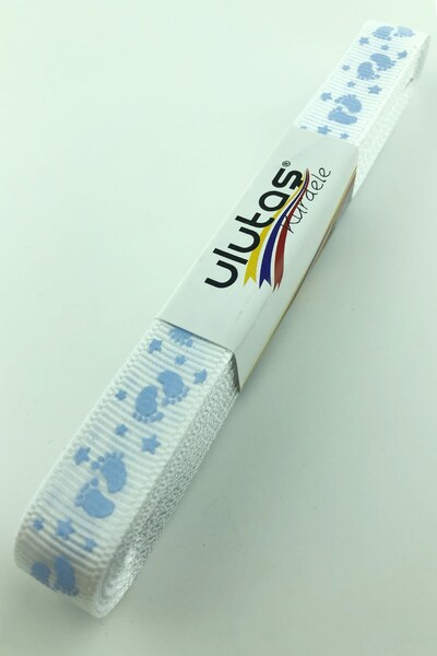 Limelia Panglică Grosgrain cu Imprimeu Figură Picior de Bebeluș Albastru 1,5 cm