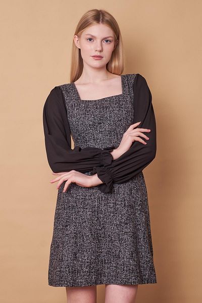 Jument Țesătură jacquard din lână de iarnă pentru femei șifon cu detaliu fustă guler pătrat rochie cu mânecă lungă clopot-diagonală neagră